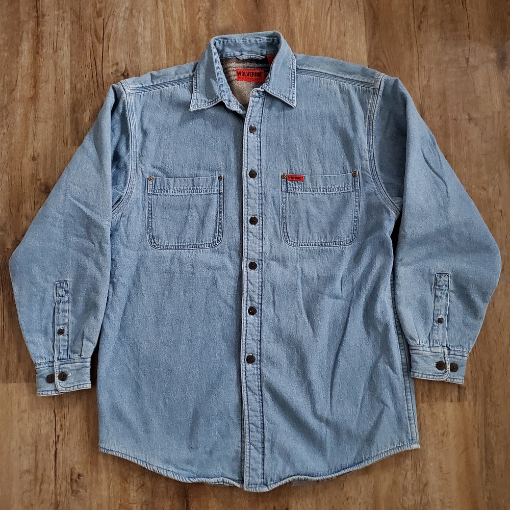 Wolverine Fleece Lined Denim Long Sleeve Men's Medium Button Shirt Jacket